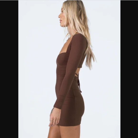 Princess Polly Nolan Brown Longsleeve Open Back Dress 6 - Picture 4 of 9